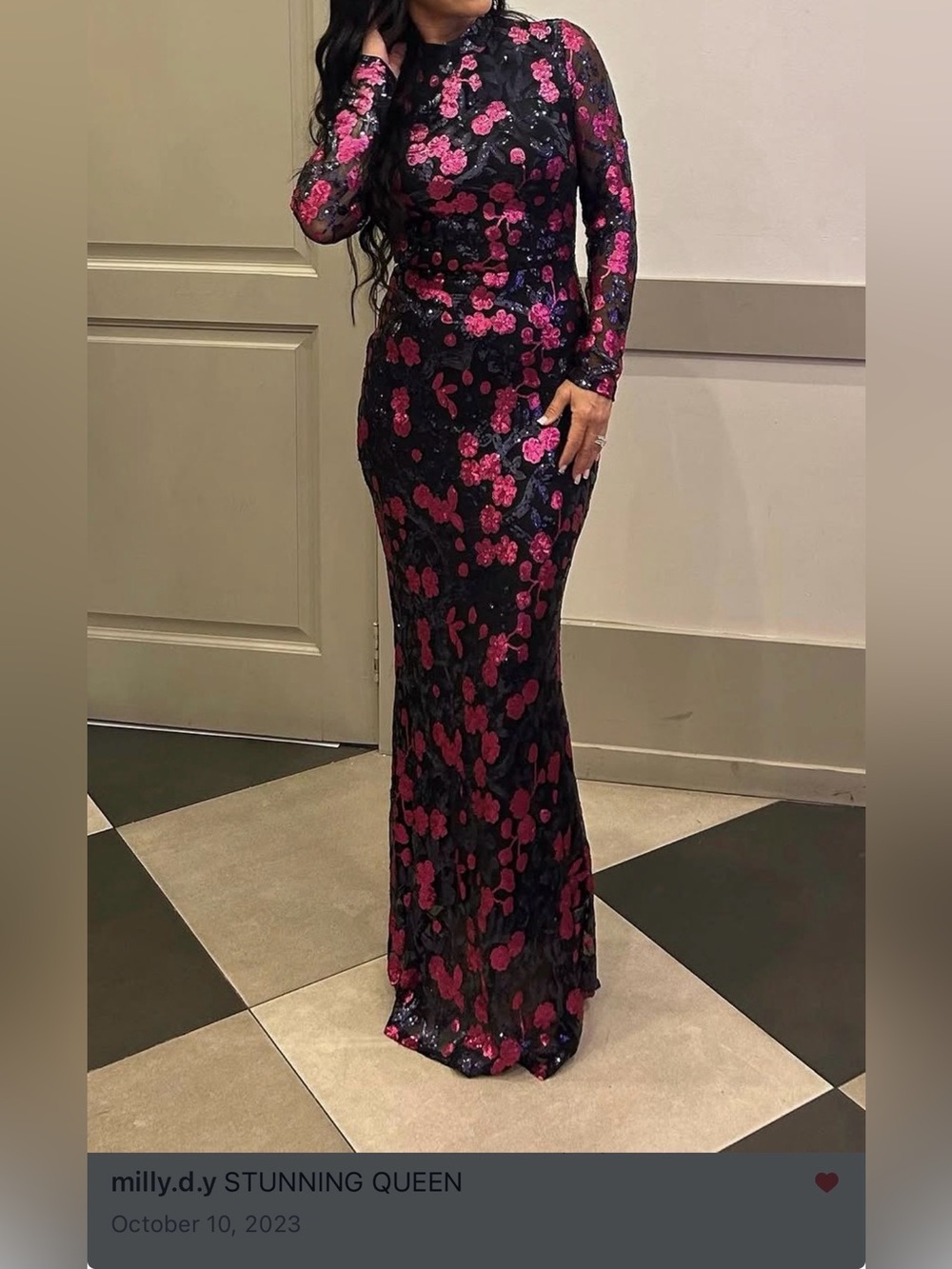 Black Long-Sleeve Sequin Floral Gown with Pink Accents